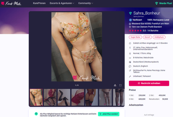 Profilansicht einer Escort-Dame auf Kaufmich mit Bild und Beschreibung